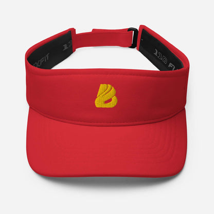 Red Visor N°1 with embroidered logo, moisture-wicking fabric, and adjustable strap for sun and sweat protection.
