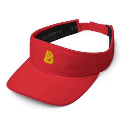 Red embroidered Visor N°1 with moisture-wicking fabric and adjustable Velcro strap for sun protection.