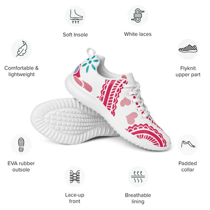 Damen-Turnschuhe N°2 showcasing lightweight Flyknit design, breathable lining, soft insole, EVA rubber outsole with detailed graphics.
