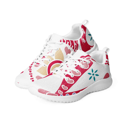 Damen-Turnschuhe N°2 in weiß mit rotem und gelbem Muster, atmungsaktives Flyknit-Material, ideal für Komfort und Stil.