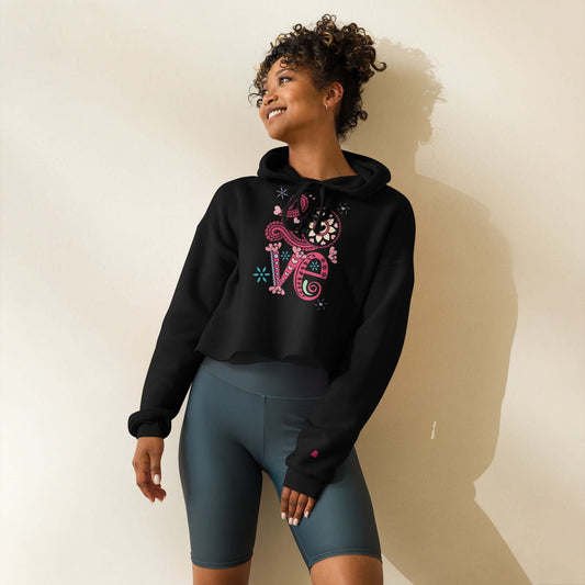 Stylish black Crop-Hoodie with colorful design, open hem, and matching drawstrings, perfect for adding flair to any wardrobe.