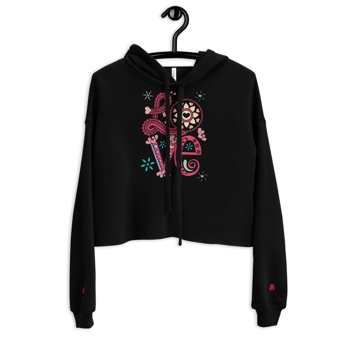 Stylish black Crop-Hoodie with colorful front design, featuring open hem and matching drawstrings.