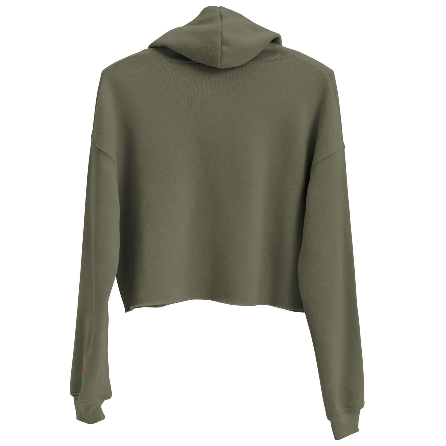 Olive green Crop-Hoodie with trendy open hem and matching drawstrings for a stylish look.