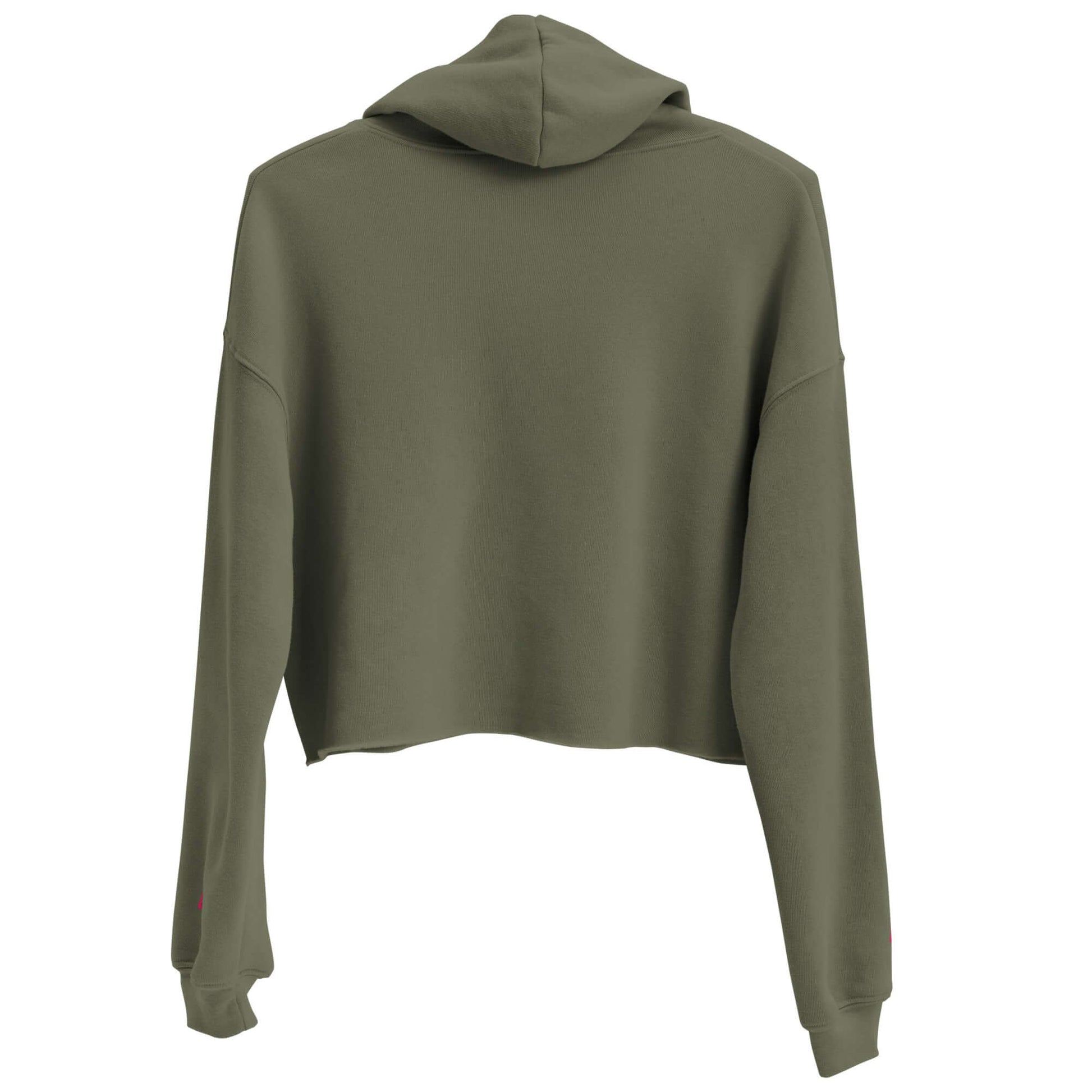Olive green Crop-Hoodie with trendy open hem and matching drawstrings for a stylish look.