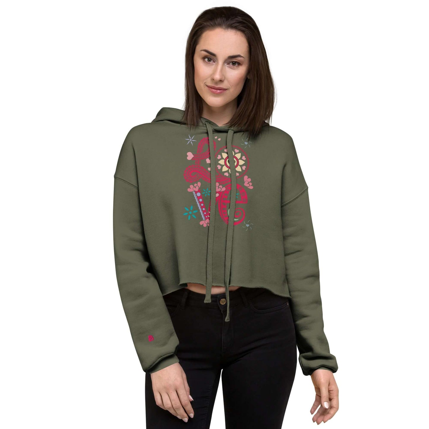 Model wearing olive green Crop-Hoodie with graphic design, featuring open hem and matching drawstrings, perfect for trendy wardrobes.
