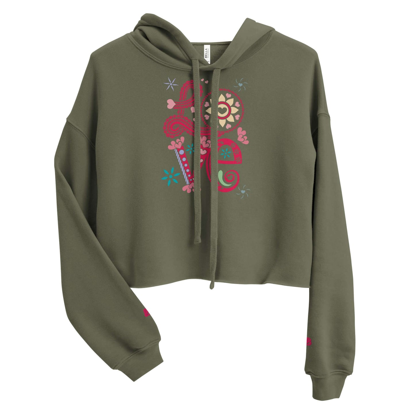 Olive green Crop-Hoodie with colorful design, trendy open hem, and matching drawstrings, made of cotton and polyester fleece.
