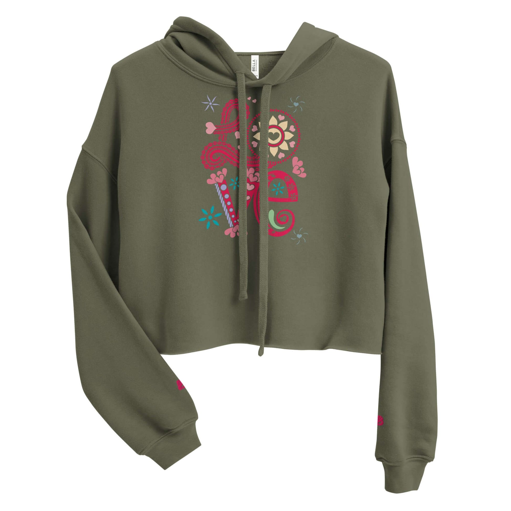 Olive green Crop-Hoodie with colorful design, trendy open hem, and matching drawstrings, made of cotton and polyester fleece.