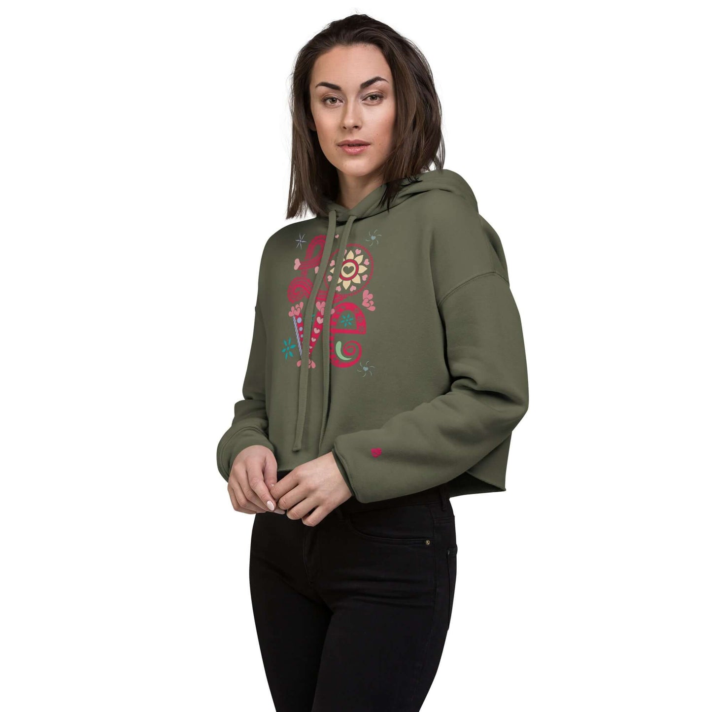 Model wearing olive green Crop-Hoodie with floral print, featuring open hem and matching drawstrings.