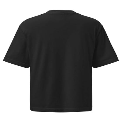 Schweres Damen T-Shirt im Boxy-Schnitt aus 100% Baumwolle, Rückansicht, kastenförmige Passform, in Schwarz gefärbt, umweltfreundlich.