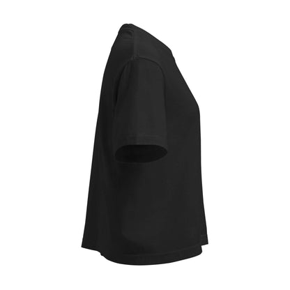Schweres Damen T-Shirt im Boxy-Schnitt, seitliche Ansicht, schwarzes Baumwollmaterial, bequem und langlebig.