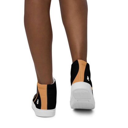 High-Top Leinenschuhe für Damen N°1, stylishe Leinenschuhe mit hoher Silhouette, schwarze und orange Farbkombination, Rückansicht
