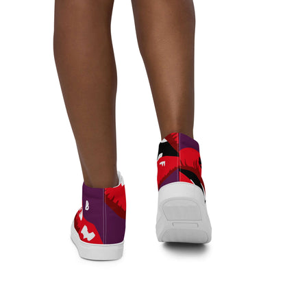 Rückansicht von stilvollen High-Top Leinenschuhe für Damen N°2 mit rotem und lila Muster, geeignet für bequeme und modische Outfits.