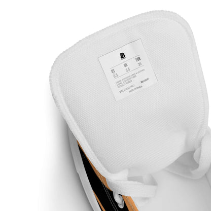 Shoe label inside High-Top Leinenschuhe für Damen N°1 showing size US 6.5, UK 5.5, EUR 39, with breathable lining details.