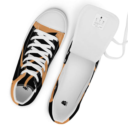 Alt Tag: High-Top Leinenschuhe für Damen N°1, schwarze und orange Sneaker, weiße Schnürsenkel, EVA-Gummisohle