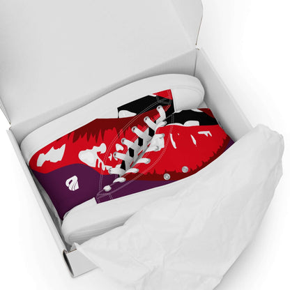 High-Top Leinenschuhe für Damen N°2 in rot-lila Design, in einer geöffneten Verpackung, mit weißen Schnürsenkeln.