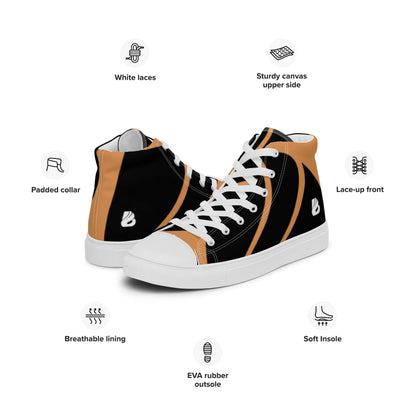High-Top Leinenschuhe für Damen N°1 - Stilvolle schwarze und beige Sneaker mit weißen Schnürsenkeln und gepolstertem Kragen.