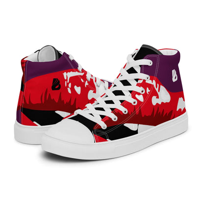 High-Top Leinenschuhe für Damen N°2 in rot und lila Muster, mit atmungsaktivem Futter und Kunstleder-Zehenkappe.