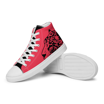 High-Top Leinenschuhe für Damen N°3 in Rot mit Leopardenprint, weiße Schnürsenkel, gepolsterter Kragen, seitliche Ansicht