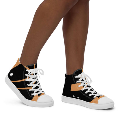 High-Top Leinenschuhe für Damen N°1 in schwarz und orange, stilvolle hohe Leinenschuhe mit weißen Schnürsenkeln und gepolstertem Kragen.