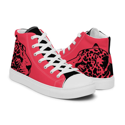 High-Top Leinenschuhe für Damen N°3, rote Leinenschuhe mit Leopardenmuster, Gummisohle, Kunstleder-Zehenkappe, weiße Schnürsenkel