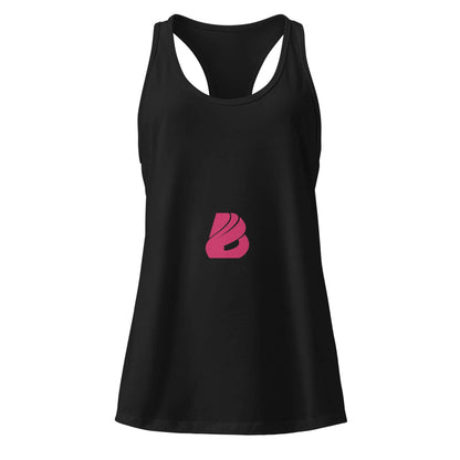 Ideales Racerback-Tanktop für Damen in Schwarz mit pinkem Logo, fitnessfreundlich und stilvoll für jede Gelegenheit.