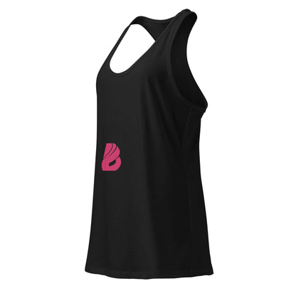 Ideales Racerback-Tanktop für Damen in Schwarz mit pinkem Logo, perfekt für Training und Freizeit, leicht und atmungsaktiv.