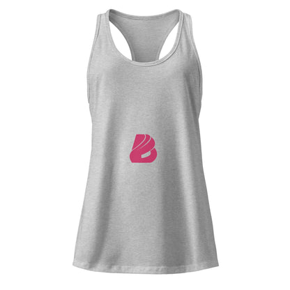 Ideales Racerback-Tanktop für Damen in Grau mit rosa Logo, elegant und atmungsaktiv, perfekt für Fitness und Freizeit.