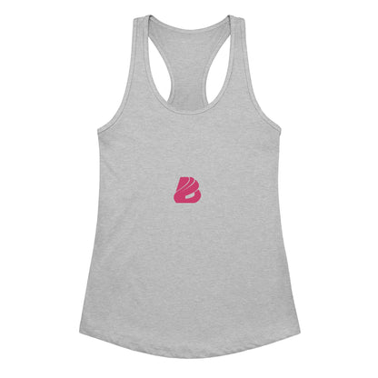 Graues Ideales Racerback-Tanktop für Damen mit pinkem Logo, ideal für Sport und Freizeit, atmungsaktiv und bequem.