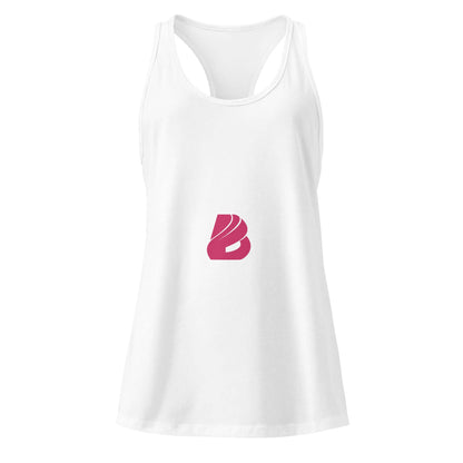 Weißes Ideales Racerback-Tanktop für Damen mit rosa Logo-Design. Perfekt für Fitness und Alltag. Weich, dehnbar und atmungsaktiv.