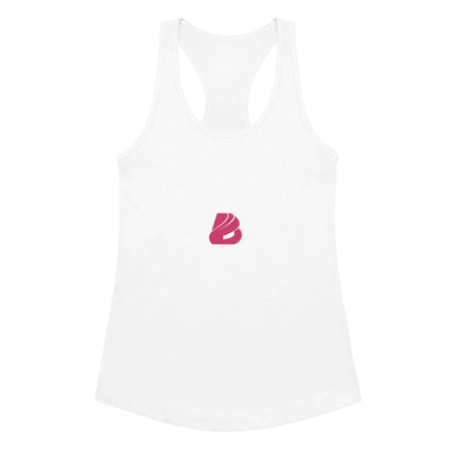 Weißes Ideales Racerback-Tanktop für Damen mit rosa Logo, perfekt für Fitness und Freizeit.