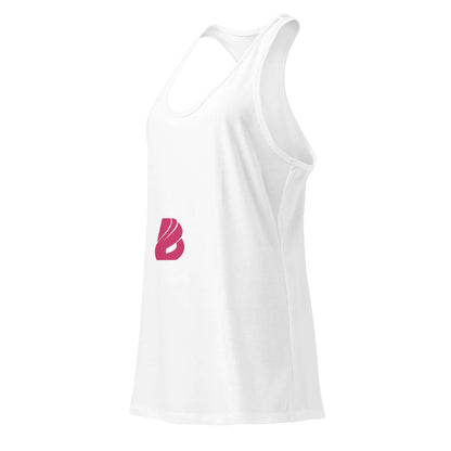 Ideales Racerback-Tanktop für Damen in Weiß, seitliche Ansicht mit rosa Logo, perfekt für Sport und Freizeit, weich und atmungsaktiv.