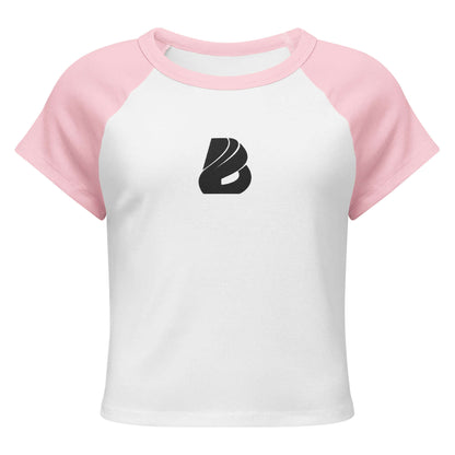 Kurz geschnittenes Feinripp-Raglan-T-Shirt für Damen in Weiß und Rosa mit sportlichem Design.
