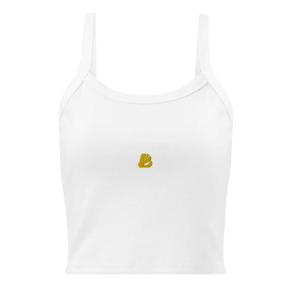 Damen Tanktop mit feiner Rippstruktur N°0 in weiß mit goldfarbenem Logo, hergestellt aus weicher Airlume-Baumwolle und Polyester.