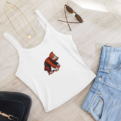 Damen Tanktop mit feiner Rippstruktur N°1 featuring a pixel art design, styled with denim and accessories on a wooden surface.