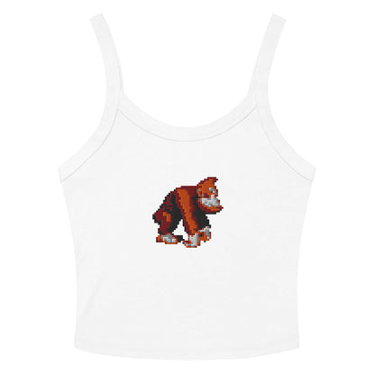 White tank top with a pixelated image of a gorilla on the front, featuring thin straps and a cropped fit.