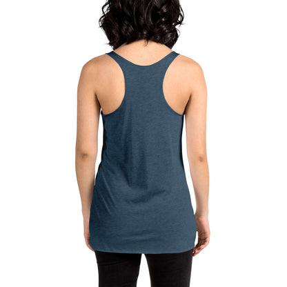 Back view of a woman wearing a Racerback Tank-Top für Damen N°1, featuring soft fabric and raw edge seams in blue.