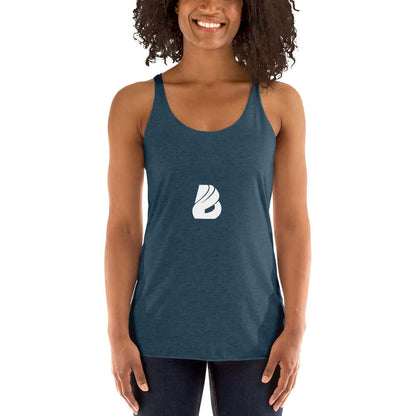 Racerback Tank-Top für Damen N°1 in blau mit weißem Print, leicht und figurbetont, idealer Schnitt für sportliche und freizeitliche Aktivitäten.