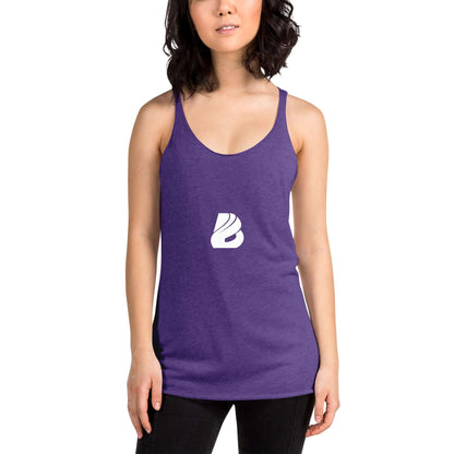 Purple Racerback Tank-Top für Damen N°1, soft and lightweight with edgy raw edge seams, worn by a woman.