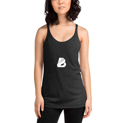 Woman wearing black Racerback Tank-Top für Damen N°1, showing front view with edgy raw edge seams and flattering fit.