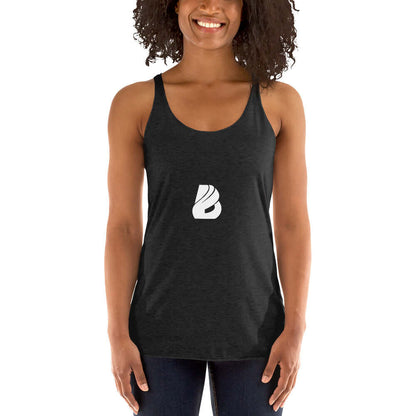 Woman wearing Racerback Tank-Top für Damen N°1 in black, featuring soft, lightweight fabric and edgy seams.