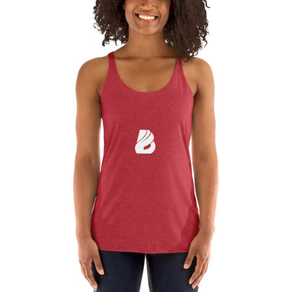 Modell trägt rotes Racerback Tank-Top für Damen N°1, weich, leicht und figurbetont, mit schmeichelhaftem Schnitt und groben Kantennähten