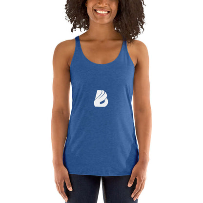 Woman wearing Racerback Tank-Top für Damen N°1 in blue, soft and lightweight with a flattering fit and edgy seams.