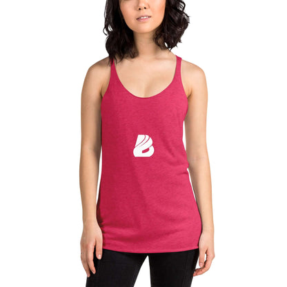 Damenmodell trägt Racerback Tank-Top für Damen N°1 in Rosa mit Logo, weiches und leichtes Design mit groben Kantennähten.