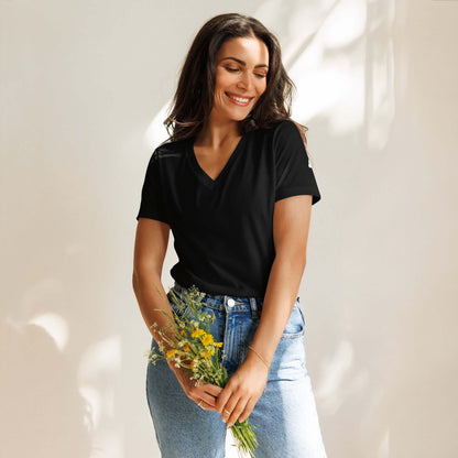 Lockeres Damen T-Shirt mit V-Ausschnitt N°1, lässiger Stil für Frauen, schwarze Farbe, aus weicher Airlume-Baumwollmischung