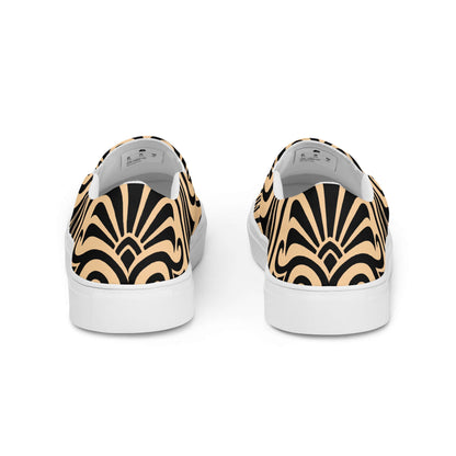 Rückansicht der Damen-Canvas-Slipper N°0 mit auffälligem Design, herausnehmbaren Einlegesohlen und rutschfester Gummilaufsohle.
