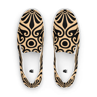 Damen-Canvas-Slipper N°0 in beige und schwarz mit stilvollem Muster, leichte und bequeme Freizeitschuhe mit Gummisohle.