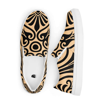 Stylish Damen-Canvas-Slipper N°0 with removable insoles and EVA rubber sole, featuring a black and beige pattern for comfort and ease.
