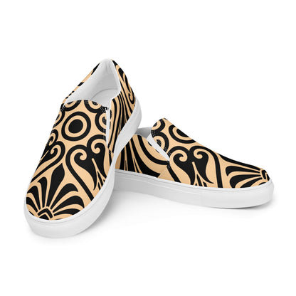 Damen-Canvas-Slipper N°0 in black and beige pattern, featuring removable soft insoles and EVA rubber outsoles for style and comfort.