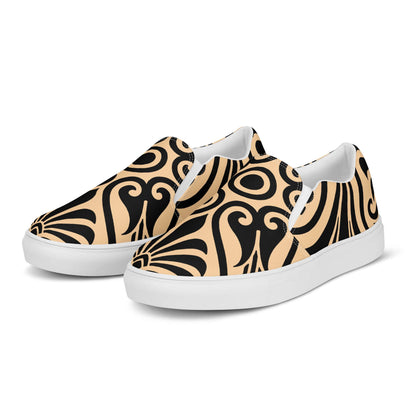 Damen-Canvas-Slipper N°0, beige und schwarze Muster, bequeme Schuhe mit herausnehmbaren Einlegesohlen und EVA-Gummisohle