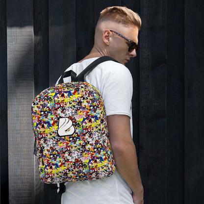 Person wearing colorful Rucksack N°3 against a dark wooden background, showcasing its vibrant design and practicality for daily use.